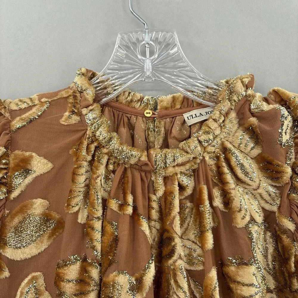 Ulla Johnson Blouse 2 Brown Floral Velvet Puff Sleeve Tunic Top Metallic Party